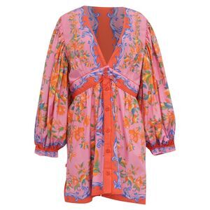 Farm Rio Sicily Floral-Print Long Sleeve Mini Dress in Multicolor Cotton